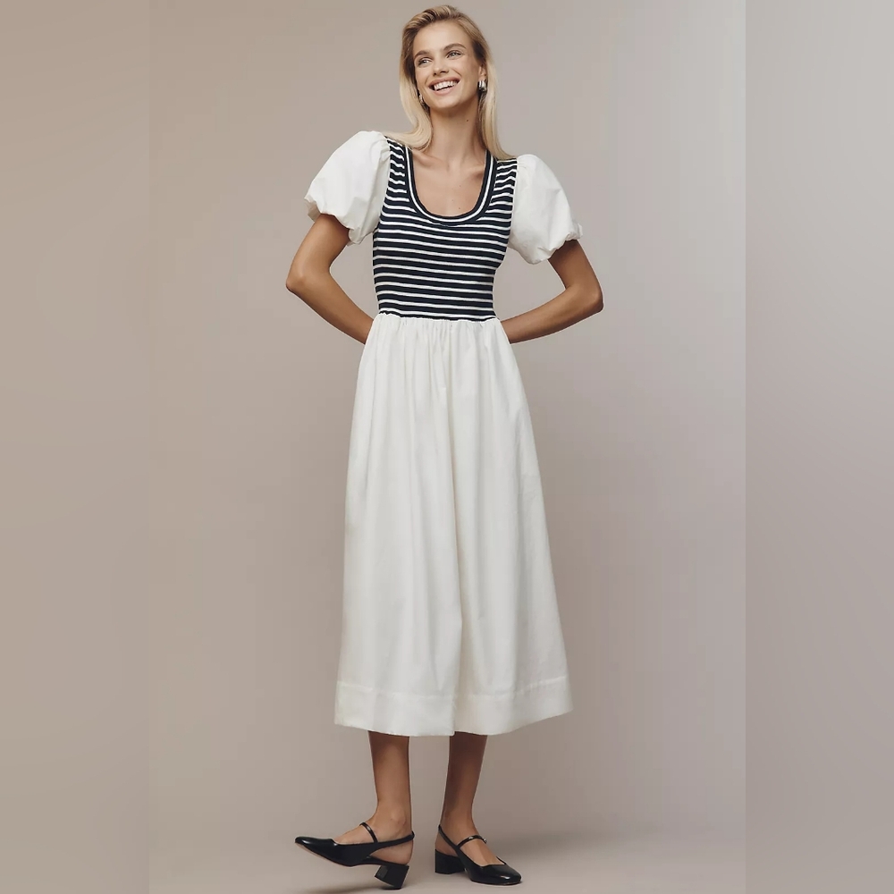 Maeve Puff-Sleeve Striped Poplin Midi Dress